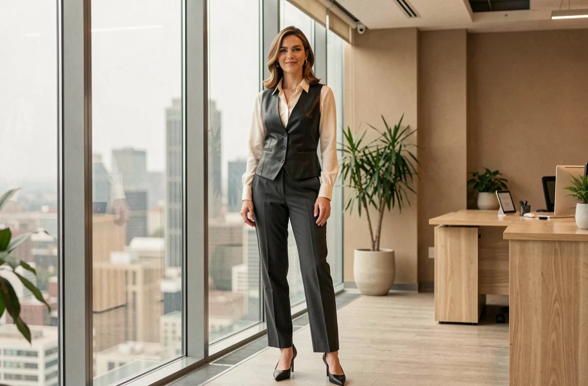 Femme professionnelle portant un gilet cuir noir sur une blouse ivoire dans un bureau moderne, tenue élégante et professionnelle