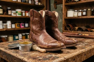 Bottes en cuir marron posées sur un établi d'artisan cordonnier avec un pot de graisse et une brosse pour entretenir le cuir
