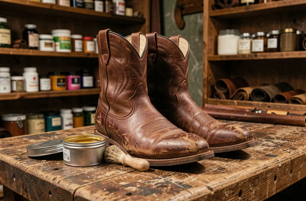 Bottes en cuir marron posées sur un établi d'artisan cordonnier avec un pot de graisse et une brosse pour entretenir le cuir