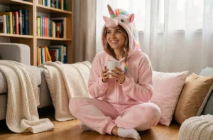 Femme adulte portant une grenouillère licorne rose pastel dans un salon cosy, tendance pyjama fantaisie pour adultes