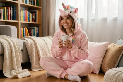 Femme adulte portant une grenouillère licorne rose pastel dans un salon cosy, tendance pyjama fantaisie pour adultes