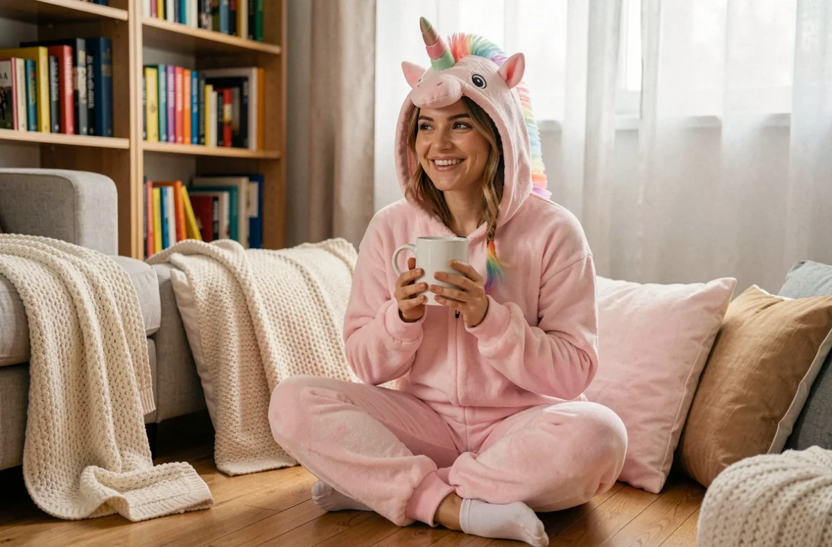 Femme adulte portant une grenouillère licorne rose pastel dans un salon cosy, tendance pyjama fantaisie pour adultes