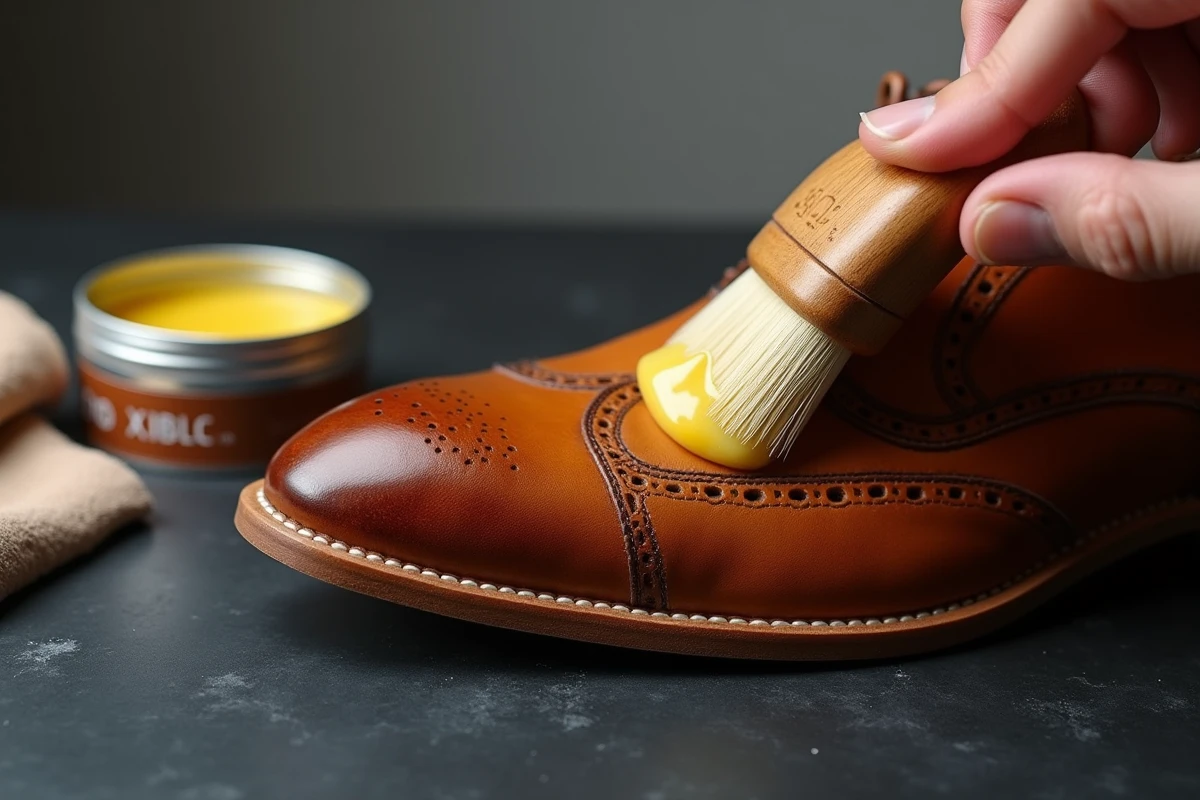 Gros plan d'un brogue tan neuf en cours de cirage avec brosse et cire d'abeille