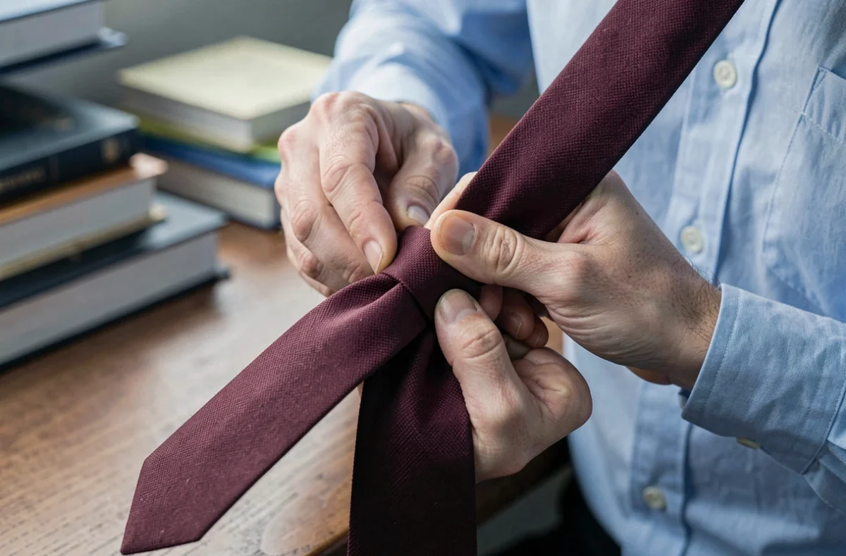 Gros plan sur les mains réalisant un nœud Windsor avec une cravate bordeaux en laine sur une chemise bleu clair