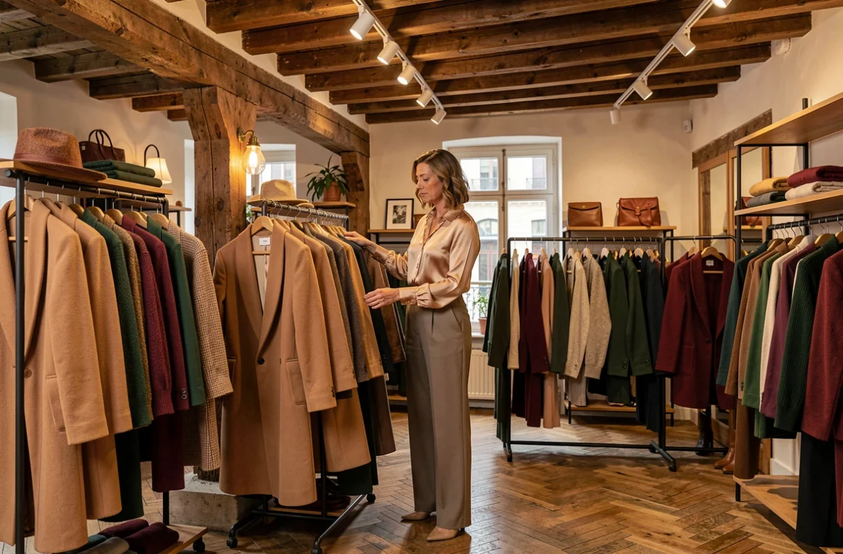 Boutique Groucho à Toulouse avec une cliente élégante parcourant des manteaux et des pièces aux tons chauds