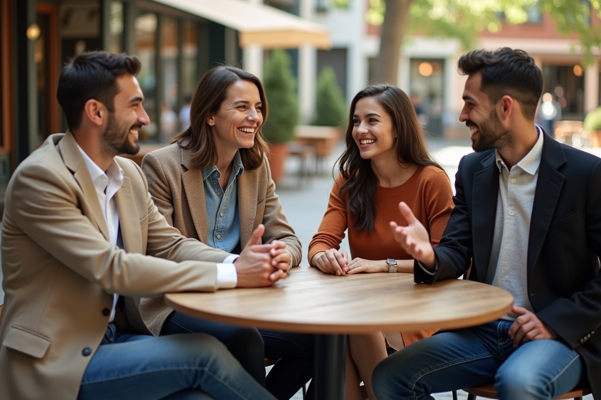 Groupe d amis souriants autour d un cafe en plein air