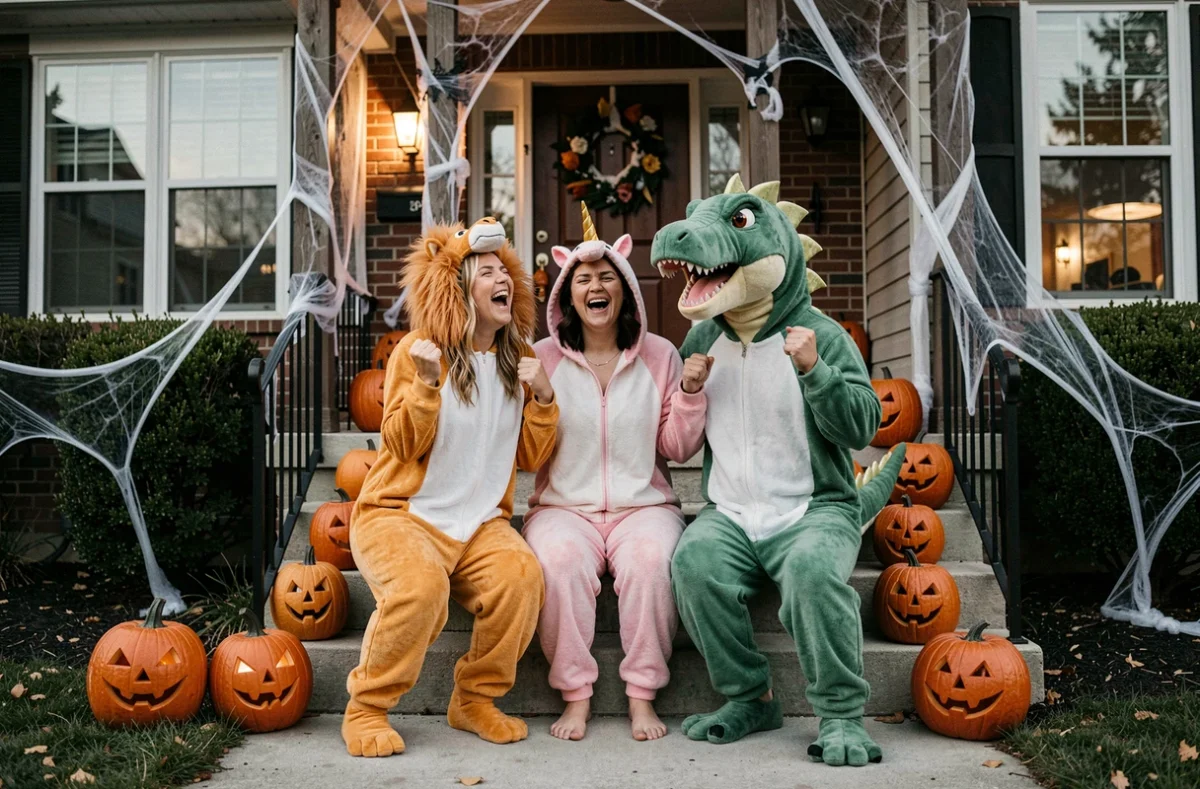 Groupe d'adultes déguisés en combinaisons pyjama animaux lion licorne et dinosaure devant une maison décorée pour Halloween