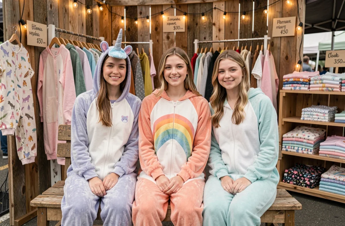 Trois femmes adultes en grenouillères fantaisie licorne dans un marché lifestyle, tendance mode pyjama adulte