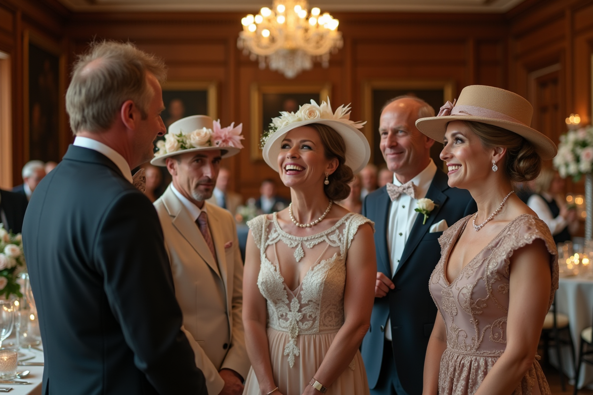 Invites de mariage discutant dans une salle raffinée