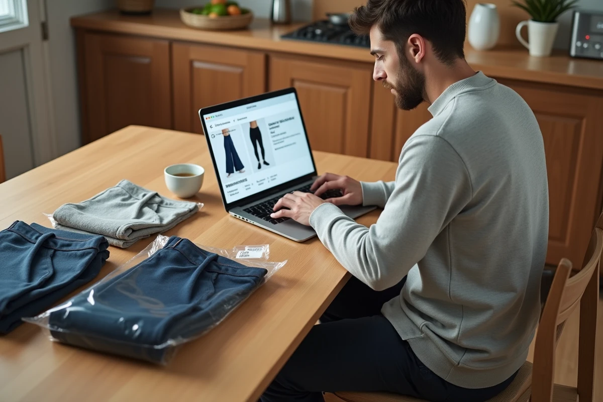 Homme consulte un guide de tailles avec plusieurs pantalons