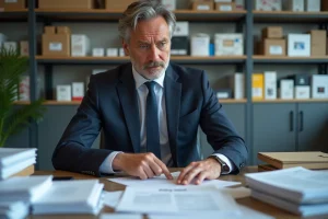 Homme d'affaires pointant une page avec marque Sonstige