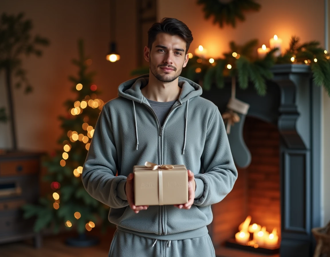 Homme tenant un coffret cadeau Pilou Pilou devant une cheminée décorée pour Noël, ensemble jogging polaire gris, idée cadeau mode confortable pour homme