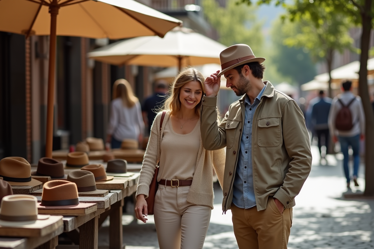 Jeune homme souriant en regardant des chapeaux au marché en plein air