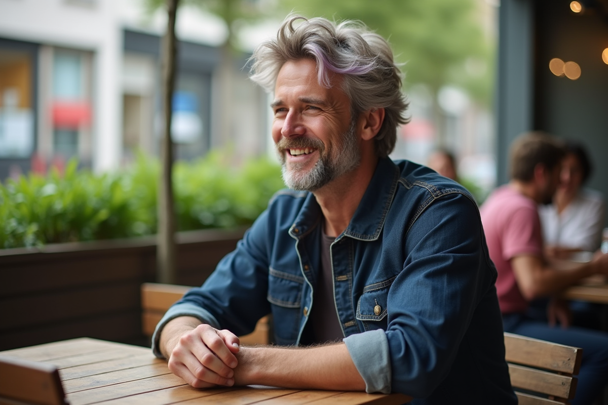 Homme aux cheveux lavande dans un café en plein air