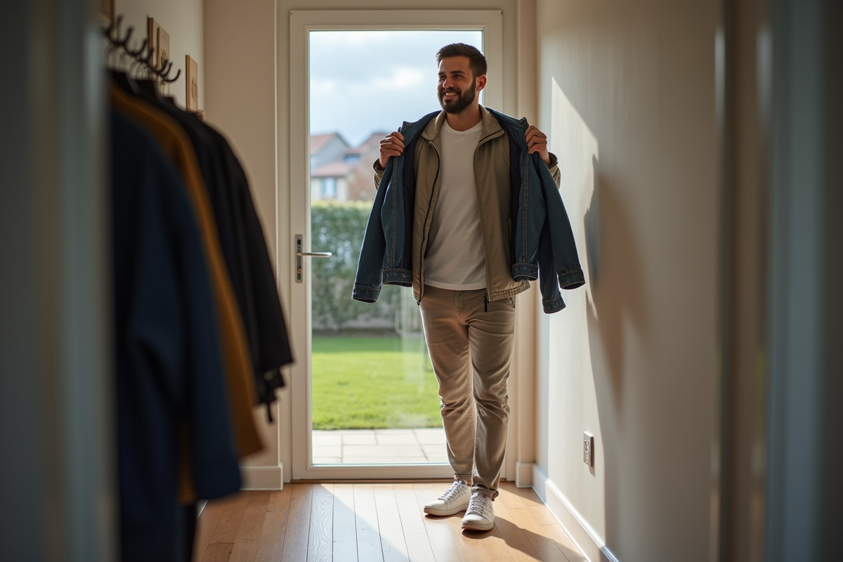 Homme réfléchissant entre un imperméable et une veste en intérieur