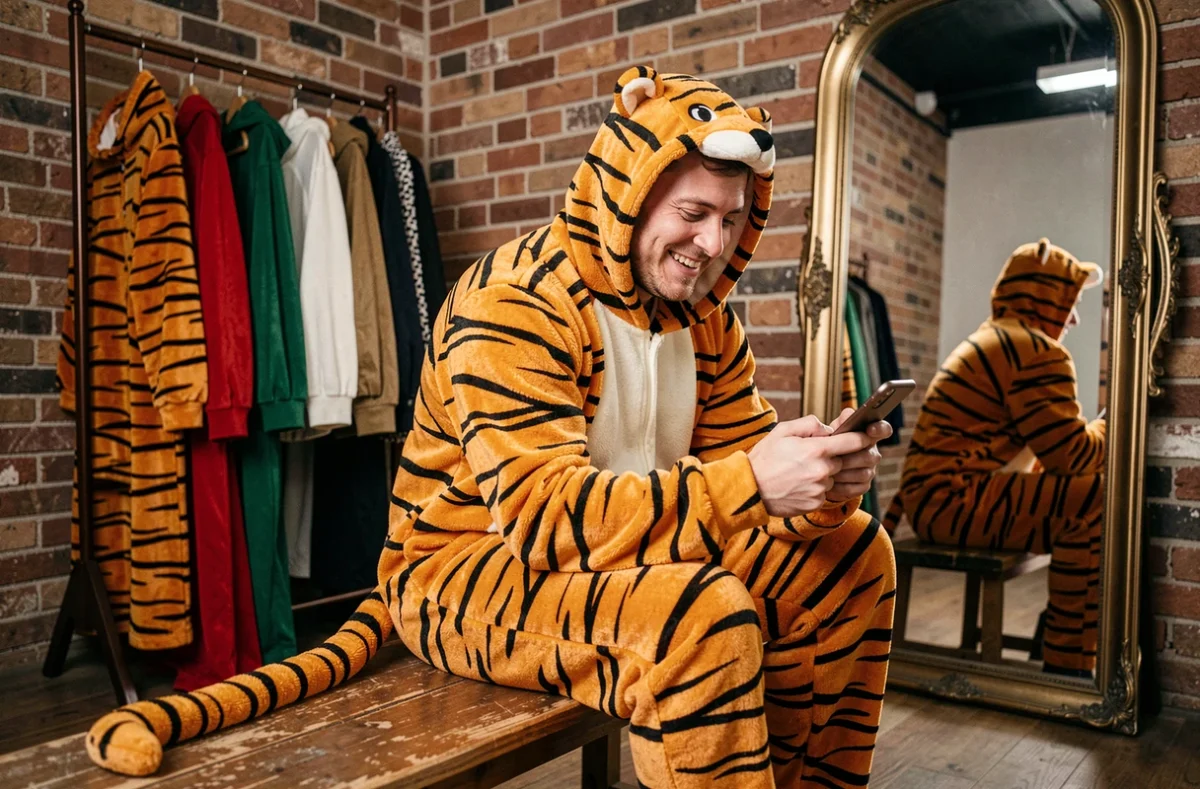 Homme en combinaison pyjama tigre assis en coulisses lors d'une soirée déguisée avec décor en brique et miroir vintage