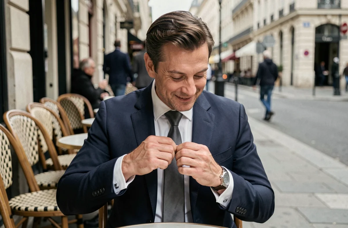Homme en costume marine ajustant un nœud Windsor parfaitement symétrique dans un café parisien en extérieur