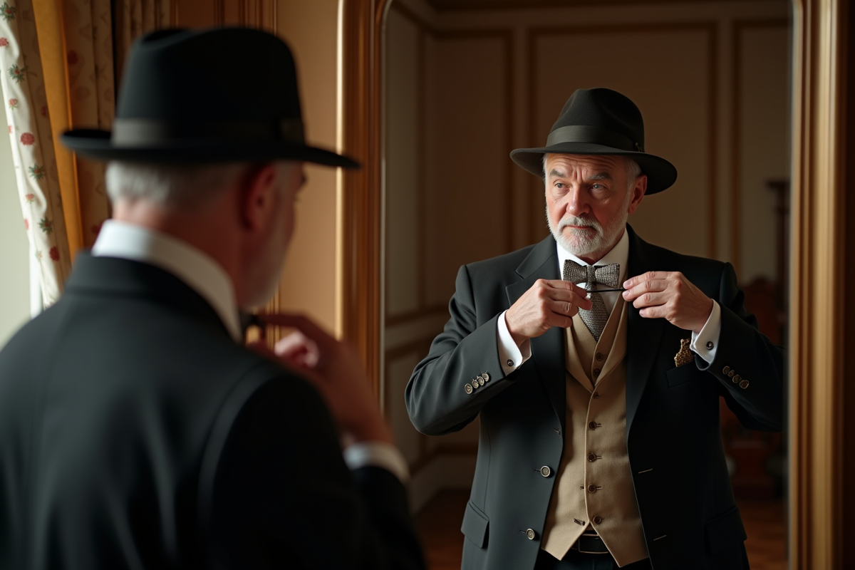 Homme en costume ajustant son chapeau pour une danse de salon
