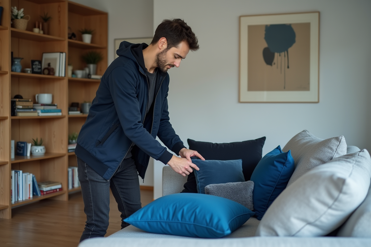 Jeune homme arrangeant des oreillers dans un salon moderne
