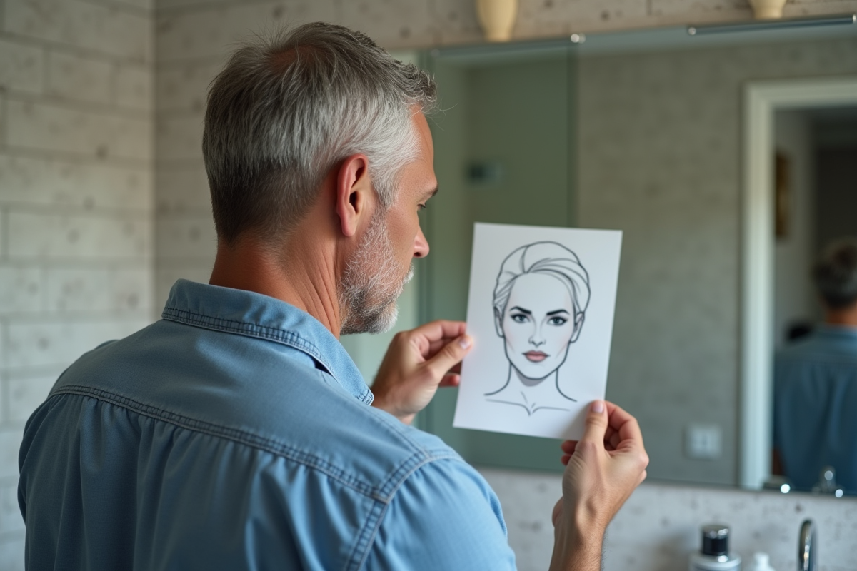 Homme analysant un diagramme de visage dans une salle de bain moderne