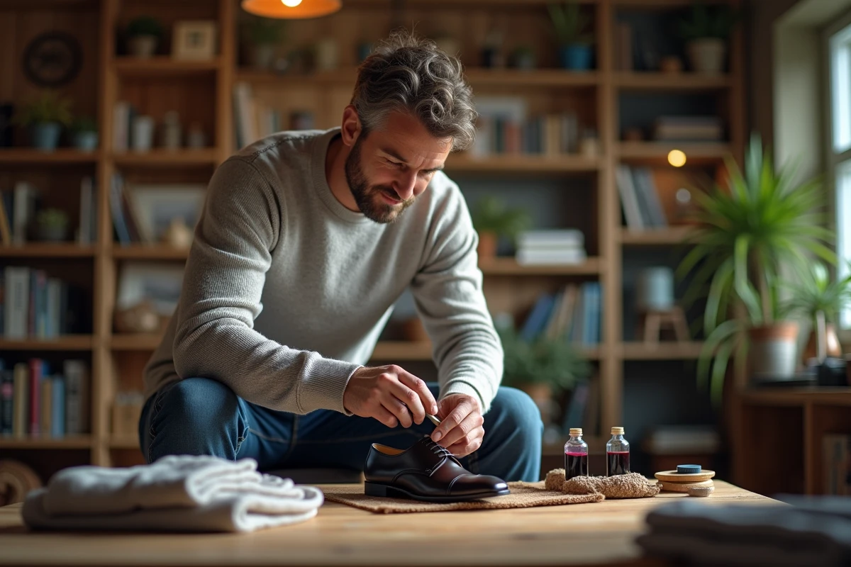 Homme appliquant de la teinture sur une chaussure en cuir sombre