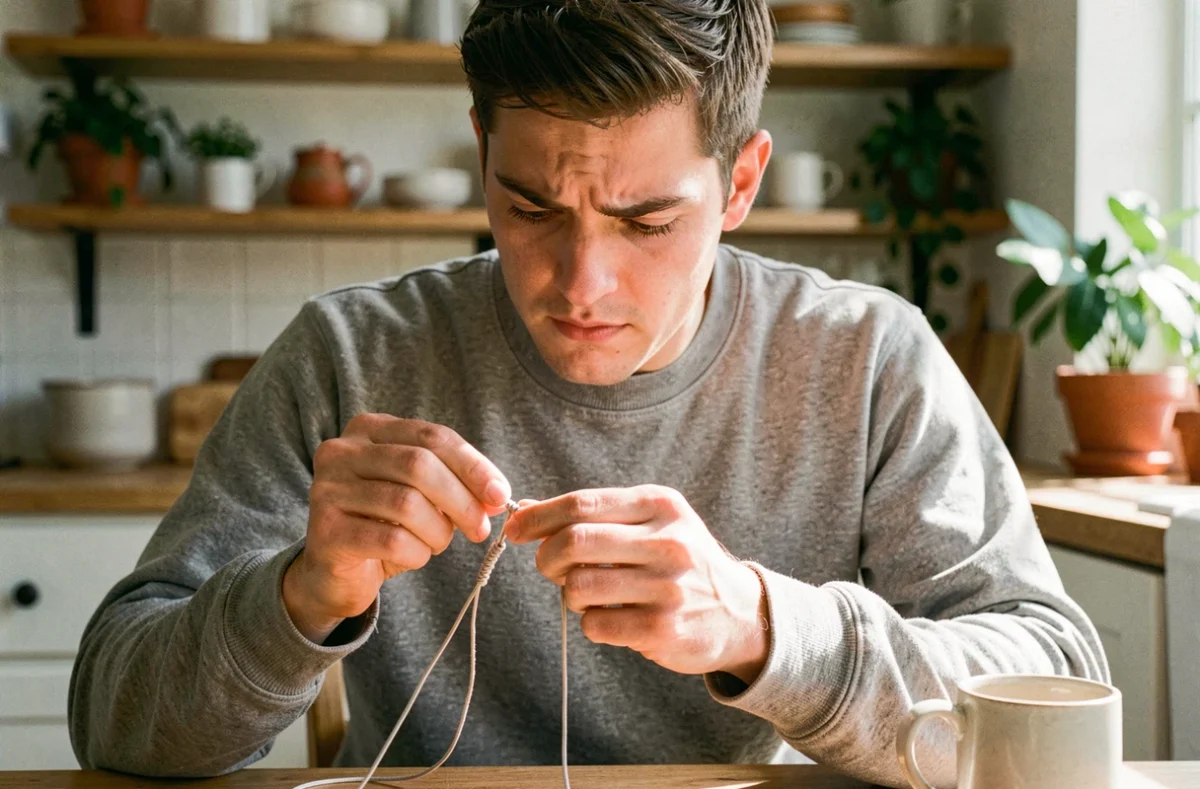 Jeune homme concentré inspectant un bracelet en cordelette avec nœud coulissant fait main, ambiance cuisine domestique décontractée