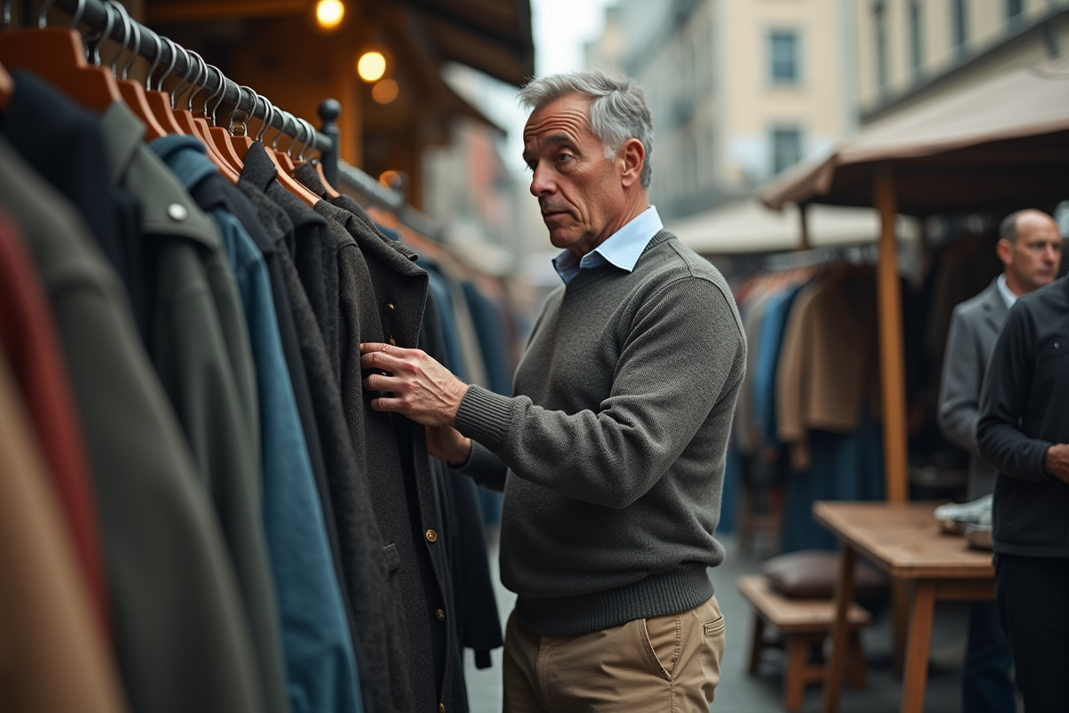 Homme cherchant un manteau vintage dans un marché en plein air