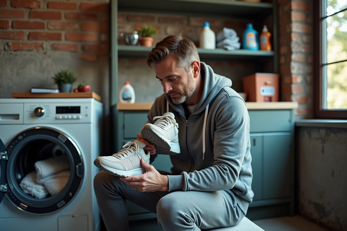 Homme assis préparant des baskets dans une buanderie avec briques apparentes