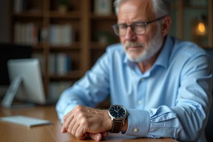 Homme d'une cinquantaine examinant sa montre au bureau