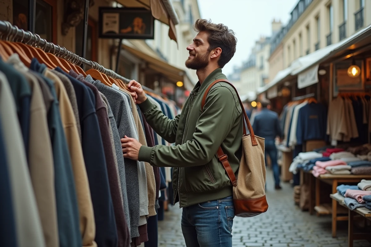 Homme feuilletant des vêtements sur un rail de marché aux puces en plein air, cherchant des bonnes affaires vintage
