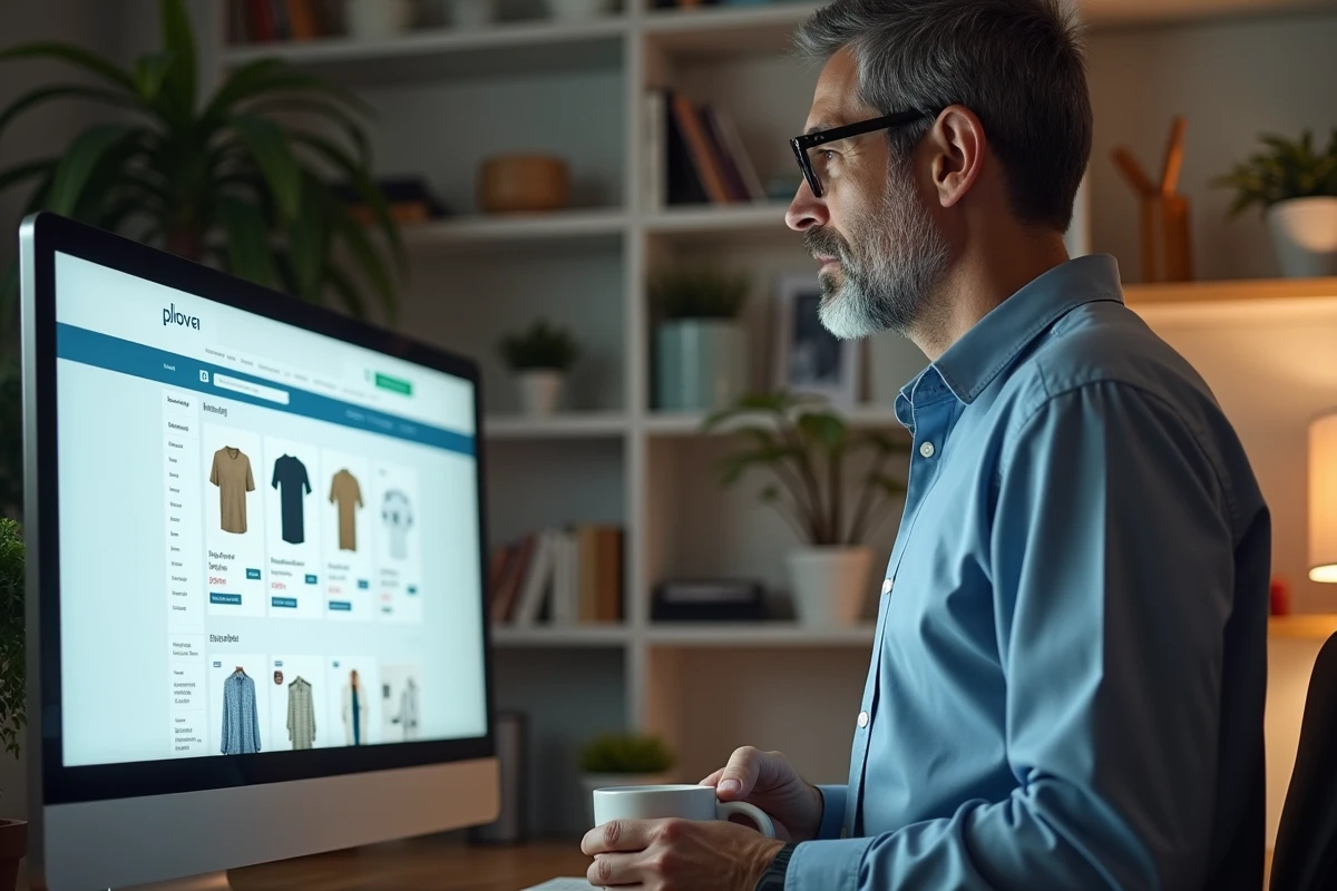 Homme en home office regardant son &eacute;cran avec un panier d