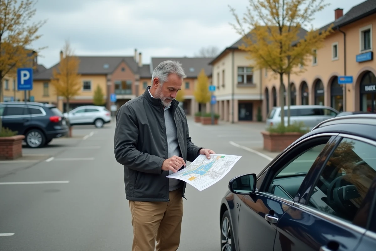 Homme vérifie un guide de stationnement devant sa voiture