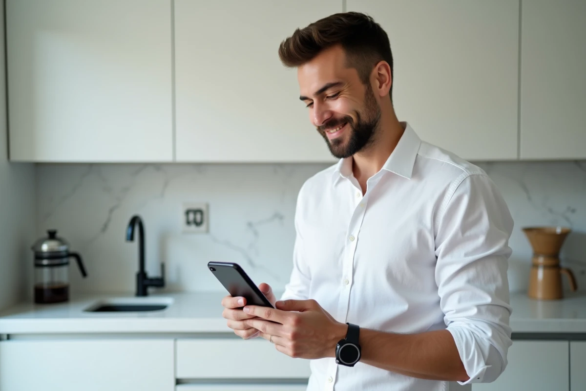 Homme consultant son programme de parrainage The Bradery sur smartphone dans une cuisine moderne