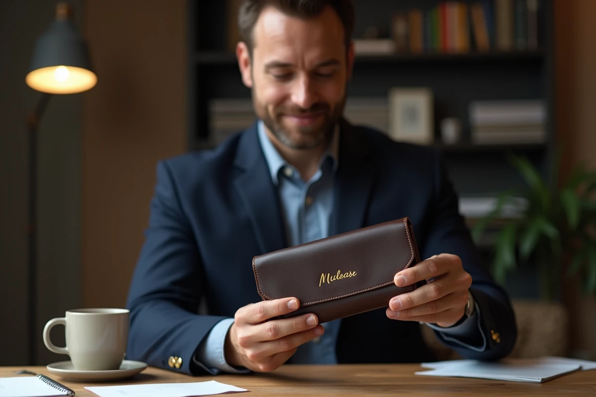 Homme élégant tenant une pochette en cuir marron personnalisée avec initiales dorées dans un bureau moderne
