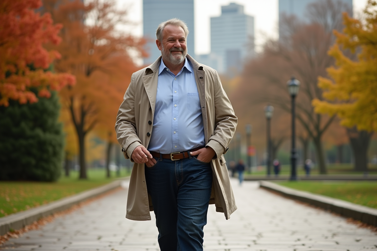 Homme en tenue décontractée marche dans un parc urbain en automne
