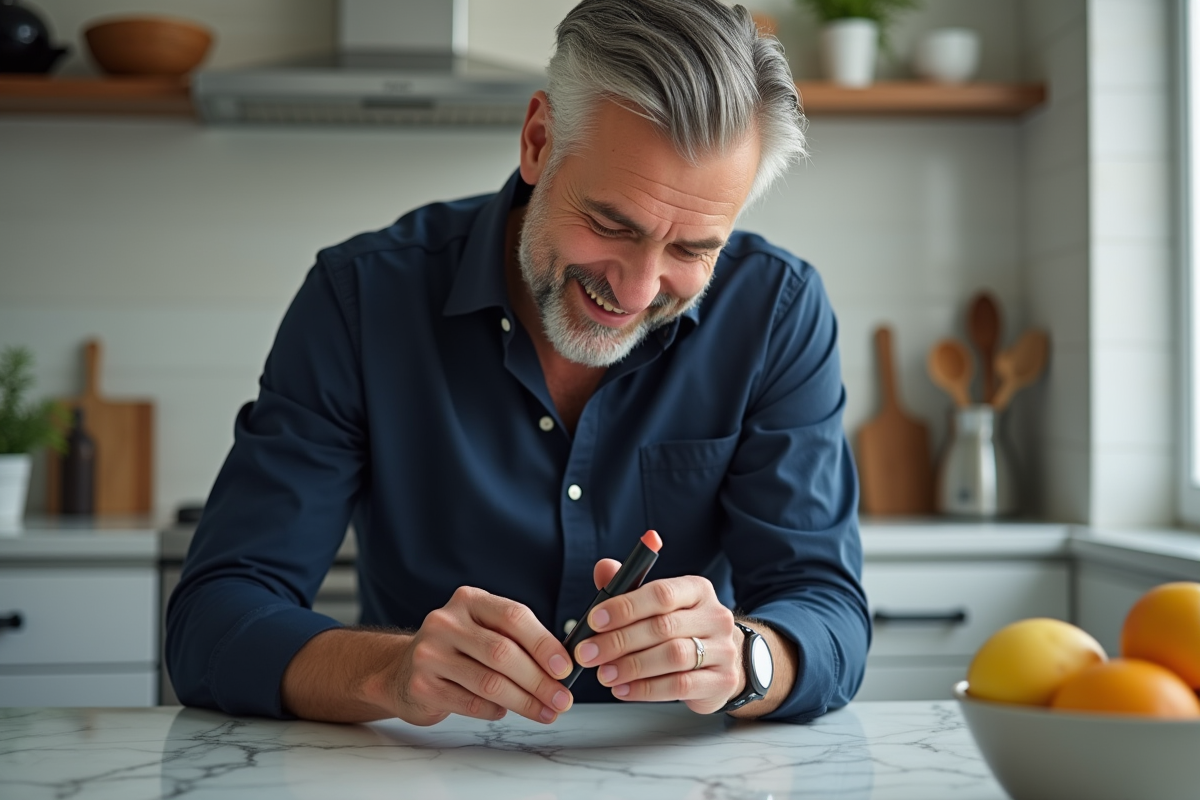 Homme remplissant un rouge à lèvres dans la cuisine lumineuse