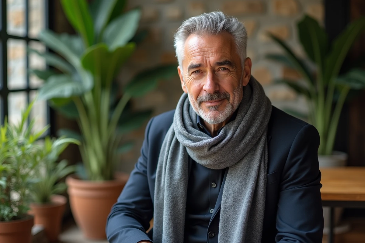 Homme mature portant une echarpe dans un espace moderne