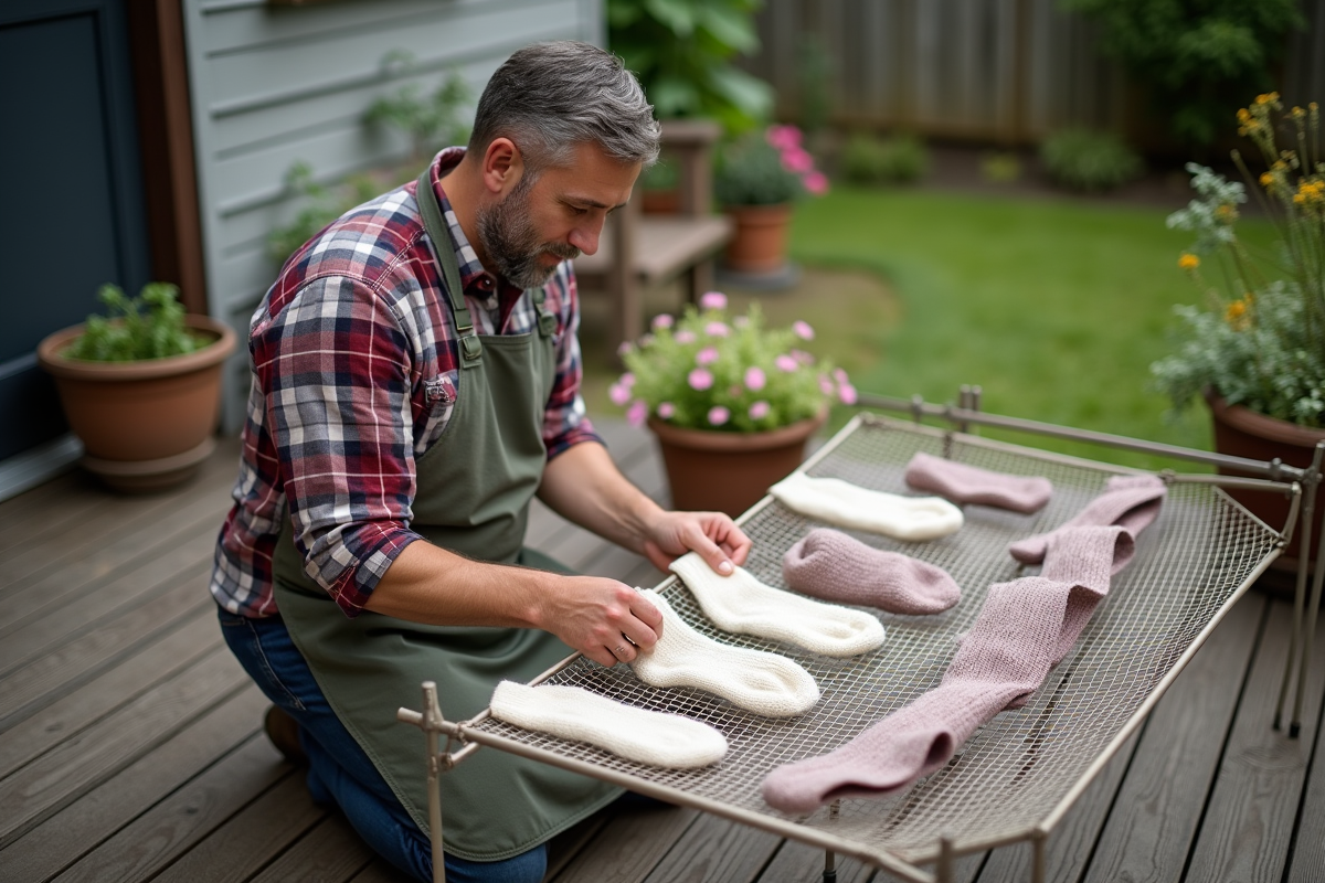 Homme plissant des chaussettes tricotées sur un séchoir extérieur