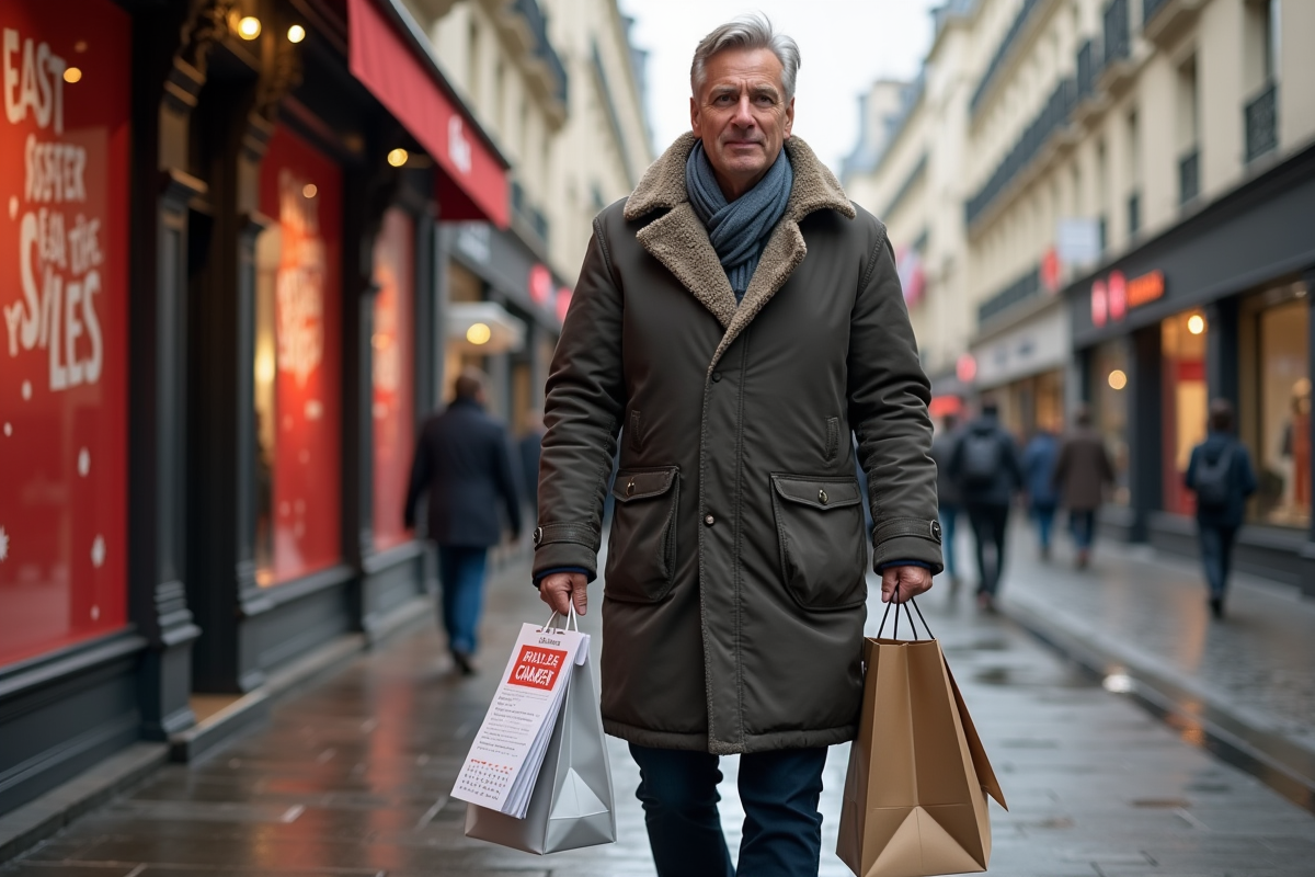Homme avec sacs de shopping dans une rue parisienne