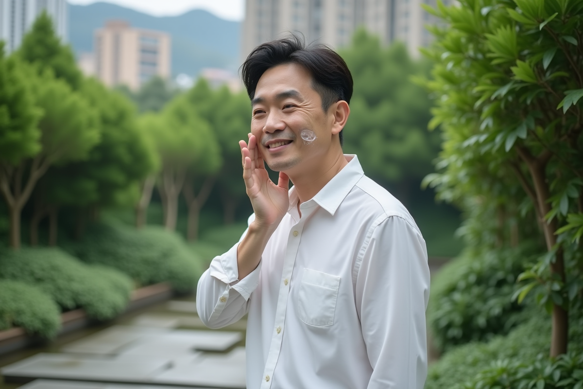 Homme coréen appliquant une essence dans un jardin urbain
