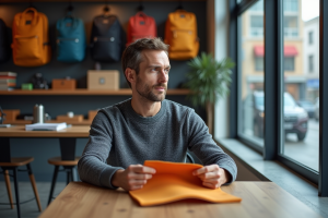 Homme en bureau créatif tenant un échantillon de tissu