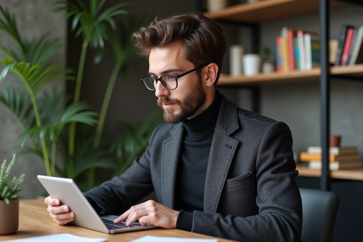Homme en turtleneck regardant ses notes dans un espace de coworking