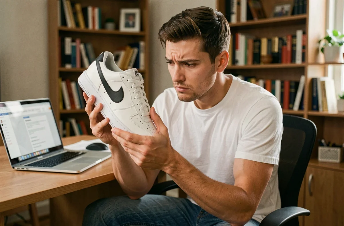 Jeune homme inspectant une sneaker Nike de près pour détecter une éventuelle contrefaçon achetée en ligne
