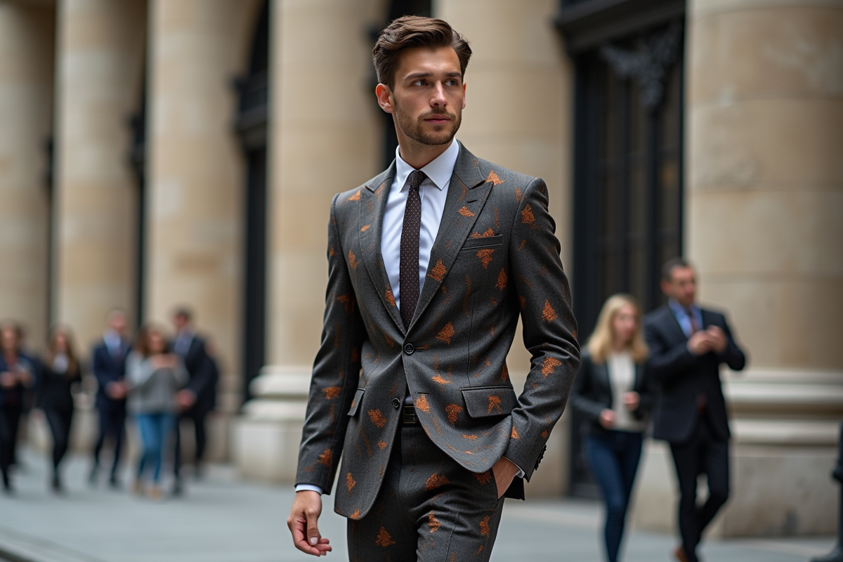 Jeune homme en costume dans une rue urbaine historique