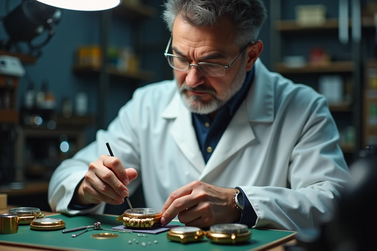 Horloger professionnel révisant une montre Rolex Datejust avec outils de précision dans un atelier d'horlogerie