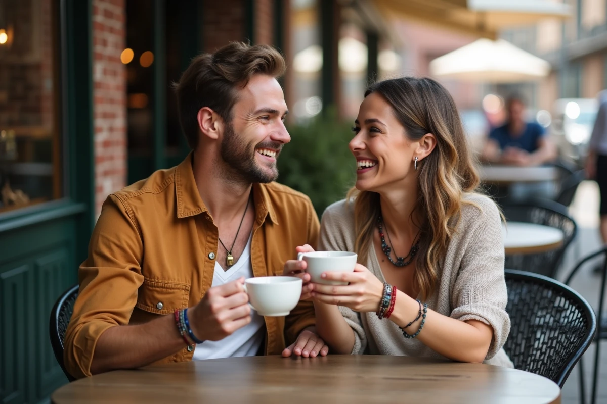 Jeune couple souriant avec bijoux lors d&rsquo;un caf&eacute; en ext&eacute;rieur