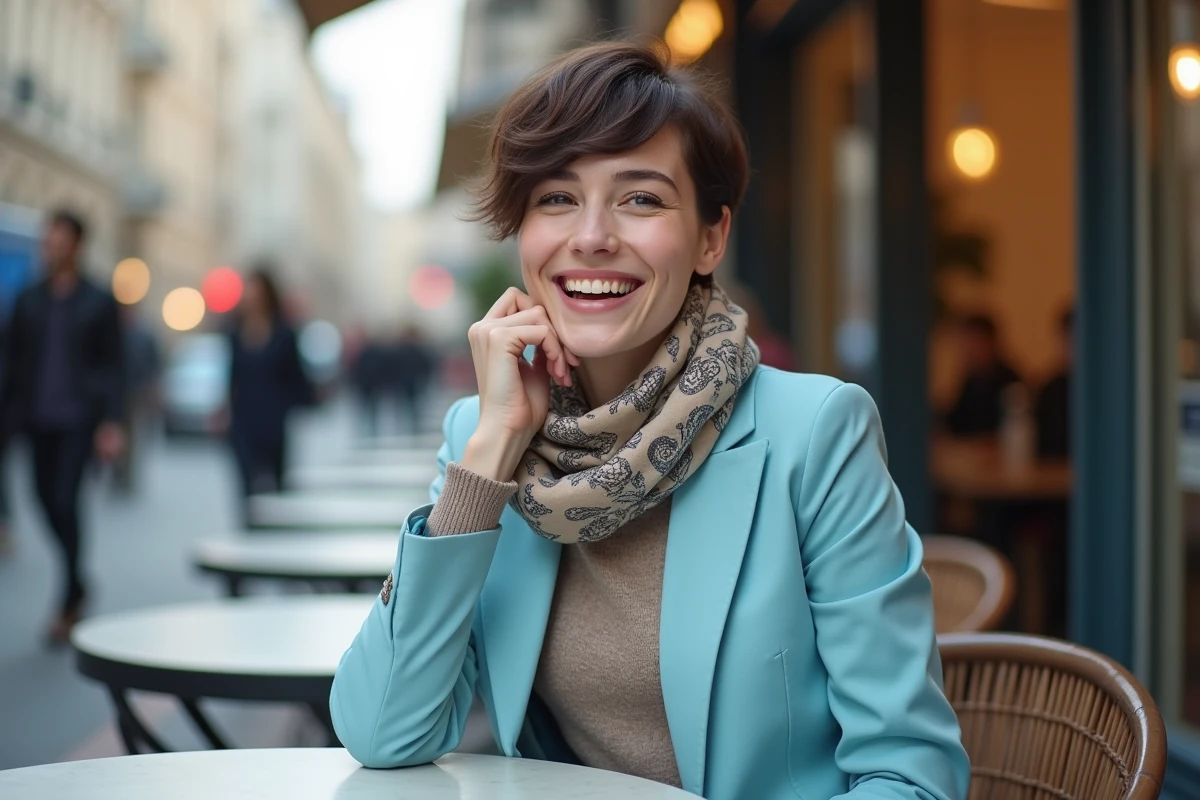 Jeune femme souriante au café en plein air dans la ville