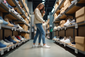 Jeune femme essayant des sneakers dans un magasin de chaussures