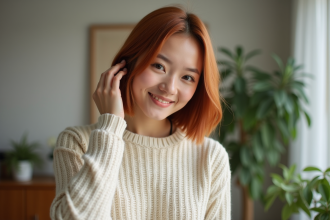 Jeune femme aux cheveux cuivrés dans un salon moderne