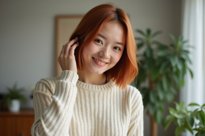 Jeune femme aux cheveux cuivrés dans un salon moderne